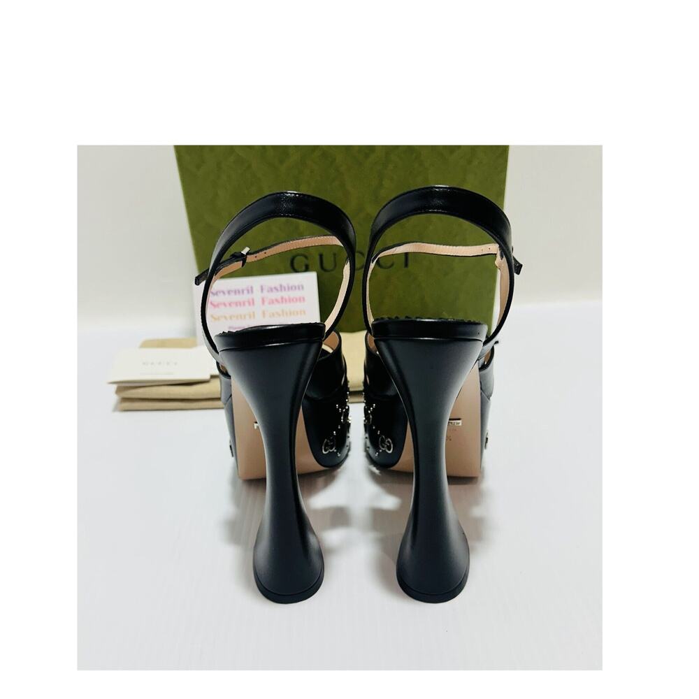 NIB Gucci Janaya Black Platform Slingback Sandals 40.5 US 10.5 GG Studded Heels - Picture 10 of 16